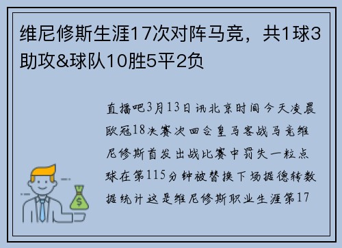 维尼修斯生涯17次对阵马竞，共1球3助攻&球队10胜5平2负